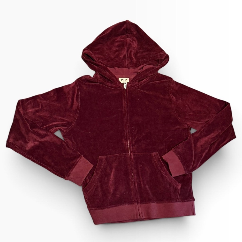 Pact Organic Cotton Velour Zip Up Hoodie Burgundy Wine Size Small Pockets Cozy